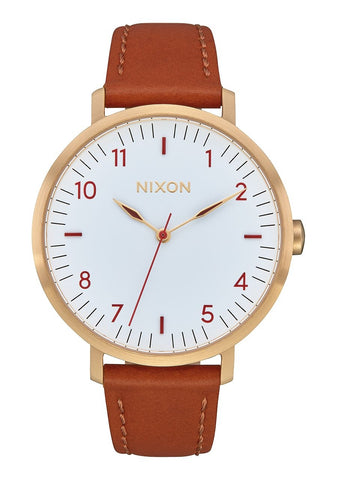 Nixon 'Arrow Leather' Watch - Gold / Red / Saddle
