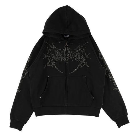 Welcome 'Grapple W/Metal Studs' Cropped Pigment-Dyed Zip Hoodie - Black
